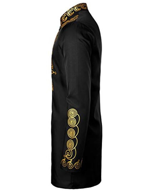 LucMatton Men's African 2 Piece Set Long Sleeve Gold Print Dashiki and Pants Outfit Traditional Suit 