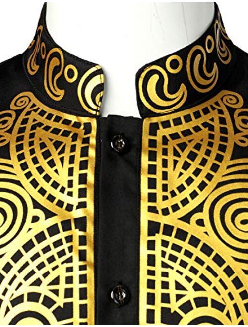 Men African 2 Piece Set Long Sleeve Gold Print Dashiki Pant Set Traditional Suit