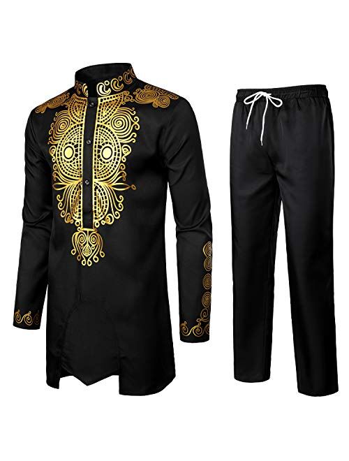 LucMatton Men's African 2 Piece Set Long Sleeve Gold Print Dashiki and Pants Outfit Traditional Suit