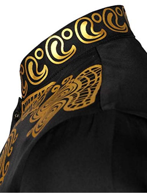 LucMatton Men's African 2 Piece Set Long Sleeve Gold Print Dashiki and Pants Outfit Traditional Suit