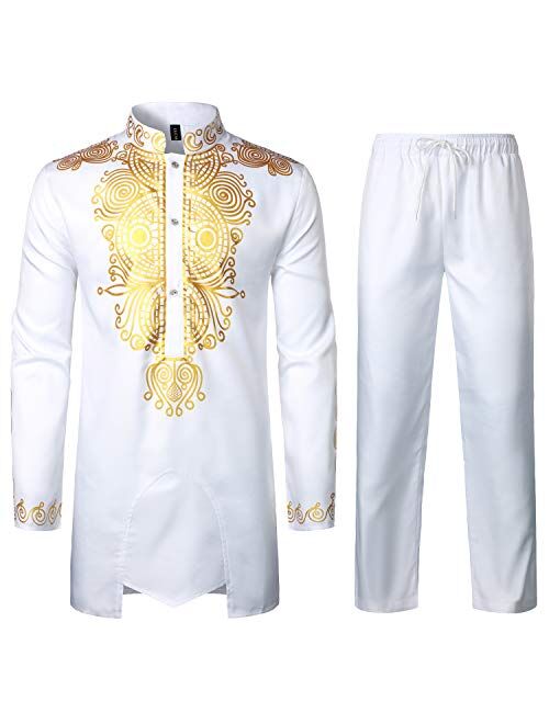 LucMatton Men's 2 Piece Outfit Long Sleeve Button up Shirt and Pants Traditional Ethnic Suit 