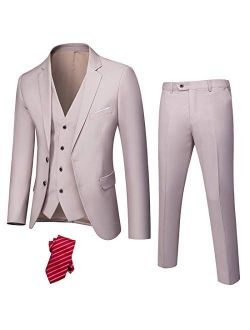 YND Men's Slim Fit 2 Button 3 Piece Suit Set, Solid Blazer Jacket Vest Pants & Tie