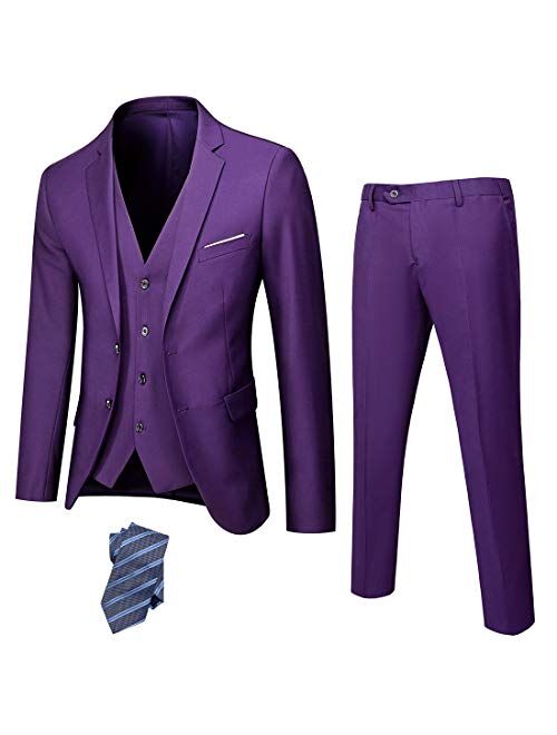Solid Blazer Jacket Vest Pants & Tie YND Men's Slim Fit 2 Button 3 Piece Suit Set