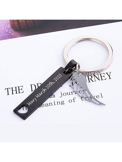 Fanery Sue Personalized Custom Rectangular Keychain Name Hollow Heart Angel Wing Key Tags Keyring Engraved Message