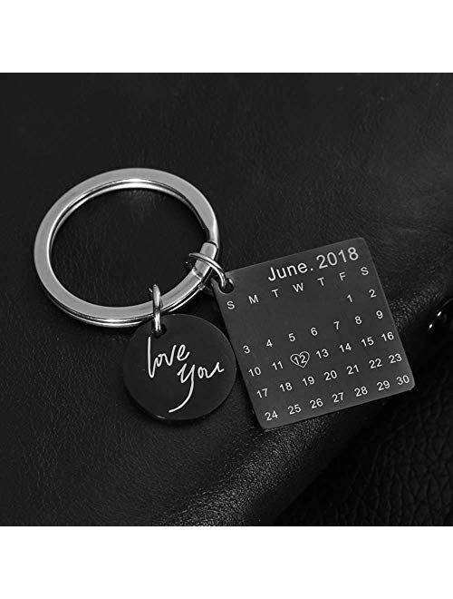 Personalized Name Custom Engraved Calendar Date Engraved Message Stainless Steel Keyring & Keychain Memorial Keepsake Anniversary Wedding Gift (Two Name Silver)