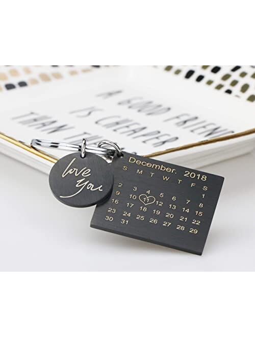 Personalized Name Custom Engraved Calendar Date Engraved Message Stainless Steel Keyring & Keychain Memorial Keepsake Anniversary Wedding Gift (Two Name Silver)