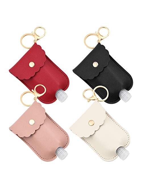 4 Pcs Travel Bottles 2Oz Portable Squeeze Bottle Leakproof Refillable Flip Cap Bottles with Leather Keychain Holder for Hand Sanitizer Soap Lotion Essential Oil