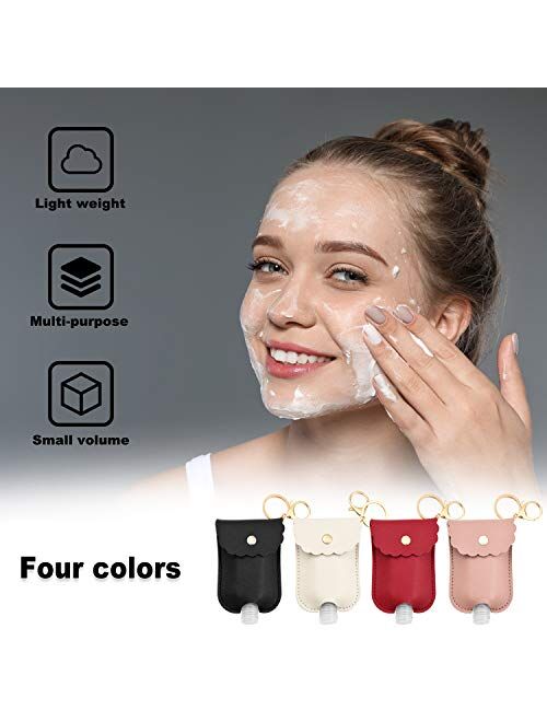 4 Pcs Travel Bottles 2Oz Portable Squeeze Bottle Leakproof Refillable Flip Cap Bottles with Leather Keychain Holder for Hand Sanitizer Soap Lotion Essential Oil
