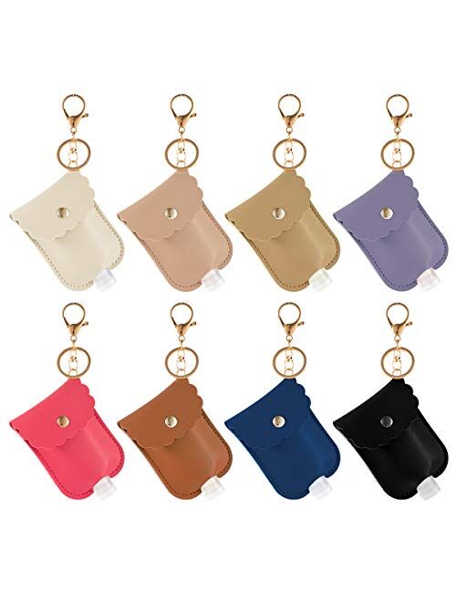 8 Pieces Leather Travel Bottle Keychain Holder Set- 8 Colors Leather Key Chain Holder with 8 Pieces 30ml Clear Refillable Flip Cap Empty Travel Bottles for Liquid Toiletr