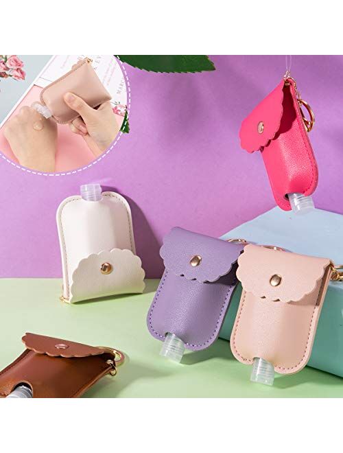 8 Pieces Leather Travel Bottle Keychain Holder Set- 8 Colors Leather Key Chain Holder with 8 Pieces 30ml Clear Refillable Flip Cap Empty Travel Bottles for Liquid Toiletr