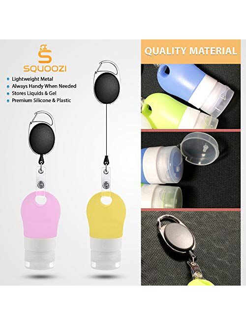 Squoozi Hand Sanitizer Holder Keychain Dispenser Set with Clip - Empty Portable Silicone Travel Bottles - Refillable Leak Proof Cosmetic Bottle for Toiletries, Shampoo, L