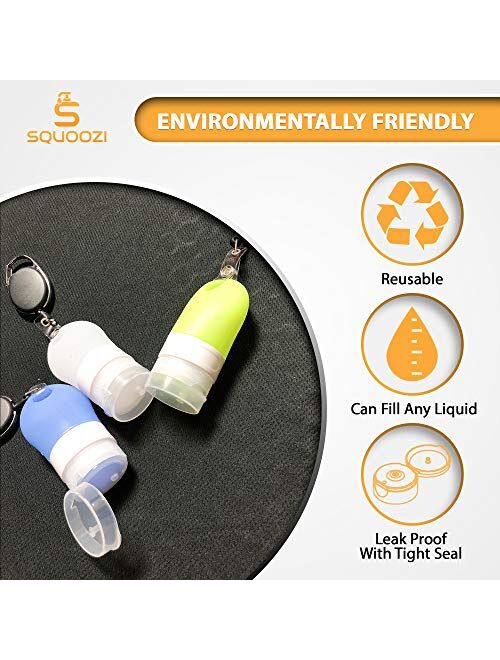 Squoozi Hand Sanitizer Holder Keychain Dispenser Set with Clip - Empty Portable Silicone Travel Bottles - Refillable Leak Proof Cosmetic Bottle for Toiletries, Shampoo, L
