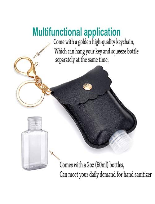 SANJINFON Portable Squeeze Bottles 2oz with Leather Case Keychain, Empty Travel Bottle Holder for Hand Sanitizer & Essential Oil, Refillable Bottle Clips to Diaper Bag, T