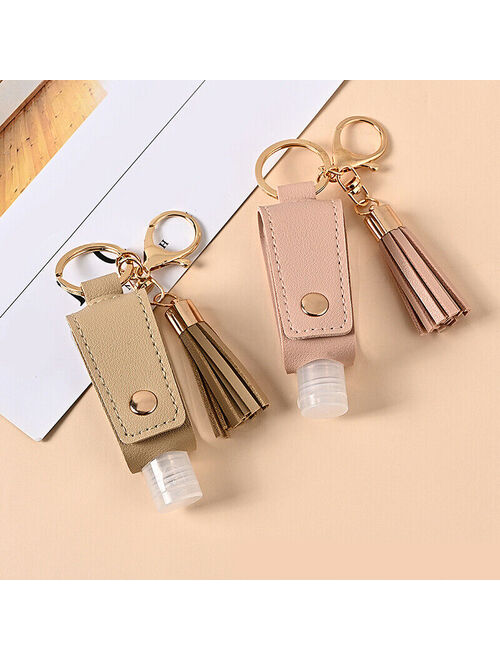 Empty Bottle PU Faux Leather Hands Sanitizer Keychain Holder Tassels Keychain