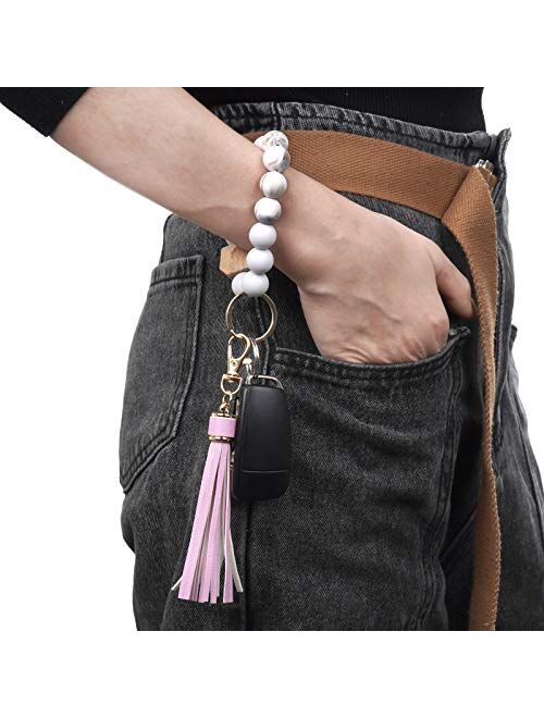 Silicone Keychain Bracelet, Car Key Ring  Beaded Wristlet Tassel for Women and Girls