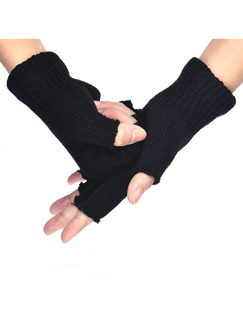 matoen Men Black Knitted Stretch Elastic Warm Half Finger Fingerless Gloves
