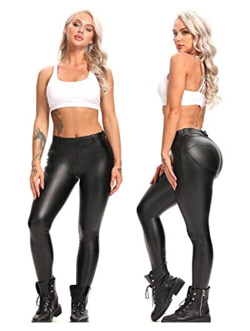 FITTOO Leather PU Elastic Shaping Hip Push up Butt Lift Pants Black Sexy Leggings for Women