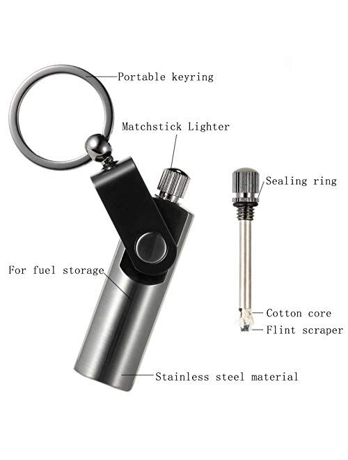SOMGEM Permanent Match Keychain With Lighter 2 Pack, Kerosene Refillable, Waterproof Flint Fire Starter for Outdoor Camping Emergency Survival