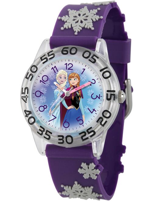 Disney Frozen Elsa and Anna Girls' Clear Plastic Time Teacher Watch, 3D Purple Plastic Strap