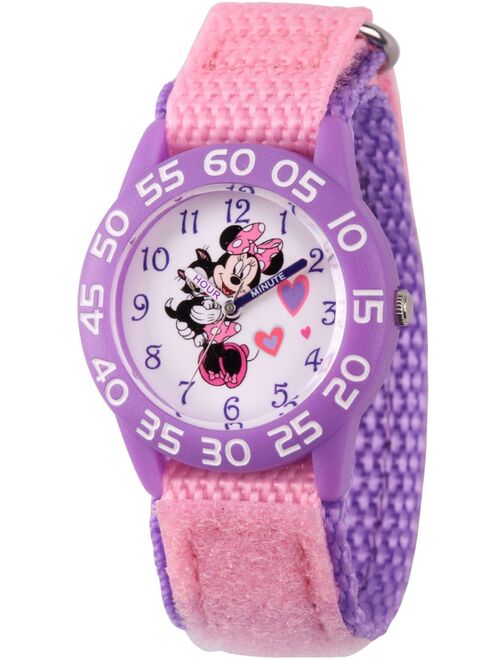Disney Minnie Mouse Girls' Purple Plastic Time Teacher Watch, Pink Hook and Loop Nylon Strap with Purple Backing