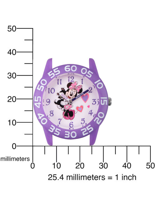 Disney Minnie Mouse Girls' Purple Plastic Time Teacher Watch, Pink Hook and Loop Nylon Strap with Purple Backing