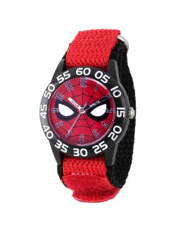 Spider-Man Boys' Black Plastic Time Teacher Watch, Red Hook and Loop Nylon Strap with Black Backing