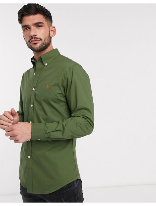 Polo Ralph Lauren player logo stretch poplin shirt slim fit button down in supply olive
