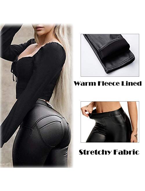 SEASUM Women's Stretchy Faux Leather Pants,High Waisted PU Leggings, Black Sexy Trousers Pants