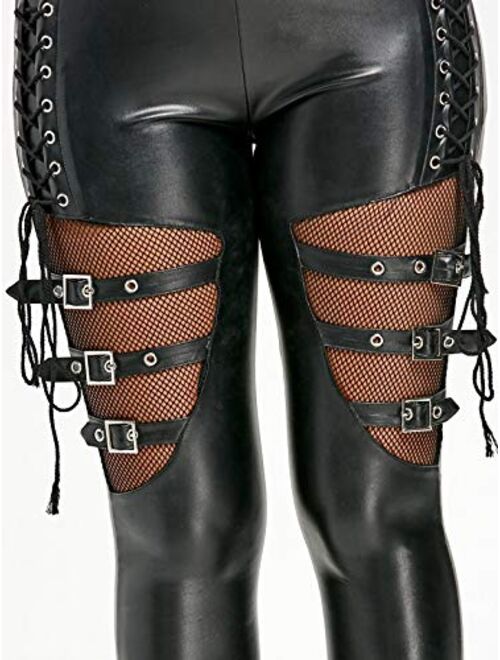 Nihsatin Fishnet Trim Lace Up PU Leather Pants Thin Lightweight Gothic Punk Leggings for Women