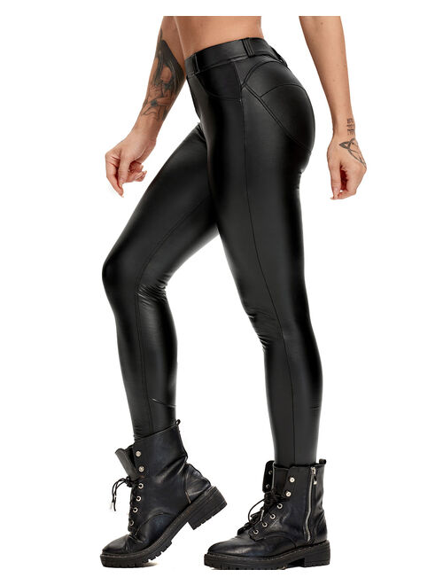 SEASUM Sexy Womens Faux Leather Pants High Waisted Stretchy Leggings Butt Lifting Ridder Tights Black S