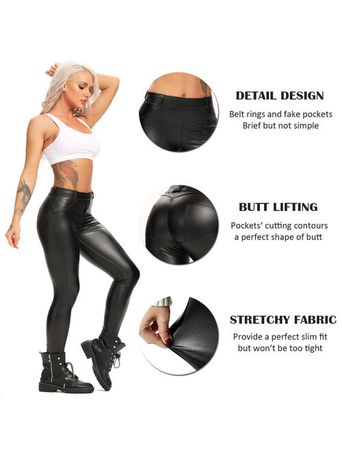 SEASUM Sexy Womens Faux Leather Pants High Waisted Stretchy Leggings Butt Lifting Ridder Tights Black S