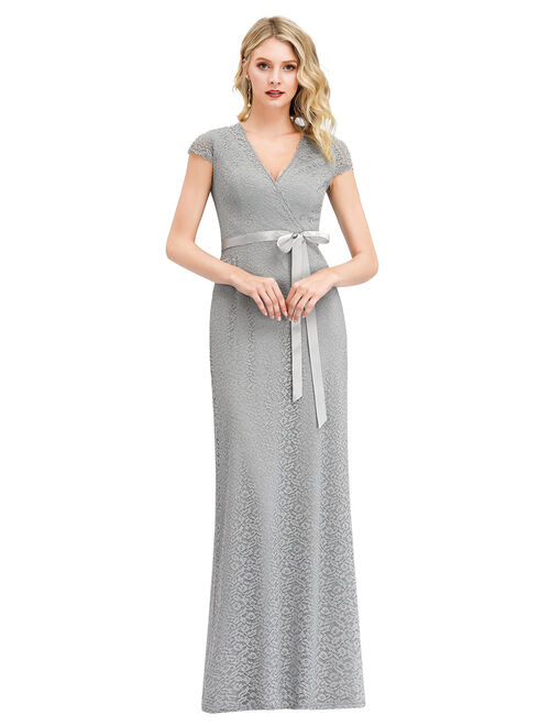 Ever-Pretty Women's V-Neck Cap Sleeve Bow Sash Floral Lace Evening Dress 00862 Grey US4