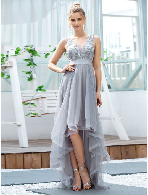 Ever-Pretty Women's V-Neck Sleeveless Appliques High Low Gowns Evening Dress 00793 Grey US4