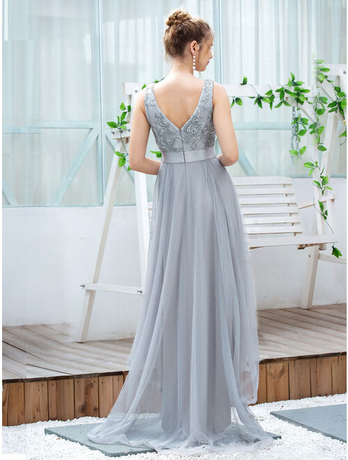 Ever-Pretty Women's V-Neck Sleeveless Appliques High Low Gowns Evening Dress 00793 Grey US4
