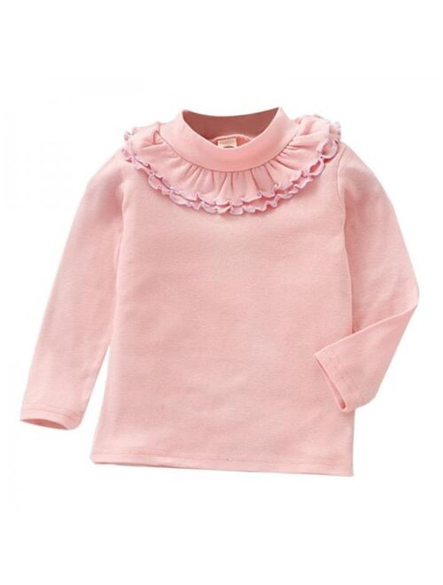 Kids Girls Long Sleeve Soft Casual Ruffle Neck Solid T-Shirt Tops Clothes