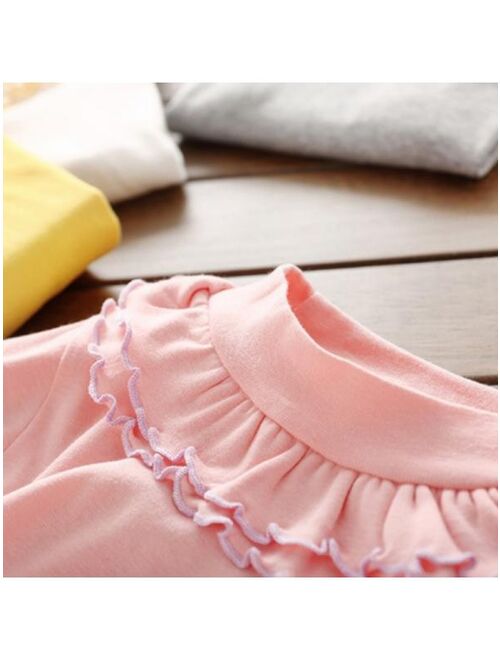 Kids Girls Long Sleeve Soft Casual Ruffle Neck Solid T-Shirt Tops Clothes