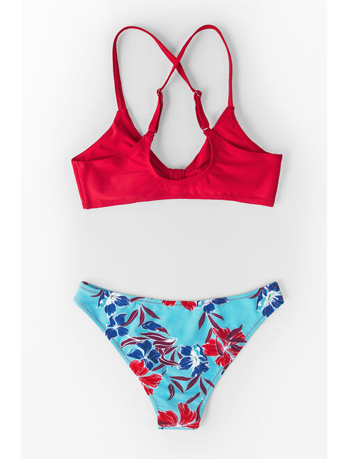 Women's Red Floral Print Knotted Bikini Set | Seaselfie by Cupshe