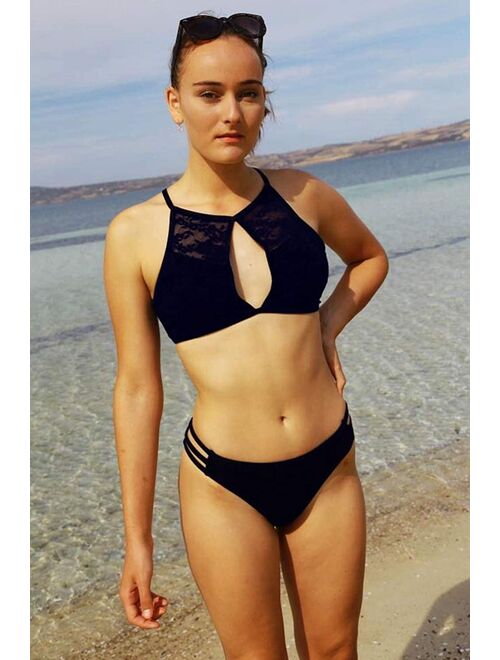 Charmo Women's High Neck Cutout Bikini Top Lace Mesh Two Piece Swimwear with Strappy Side Bikini Bottom