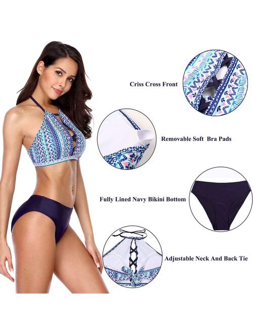 Charmo Women's Halter Bikini Swimwear High Neck Two Piece Bikini Swimsuits