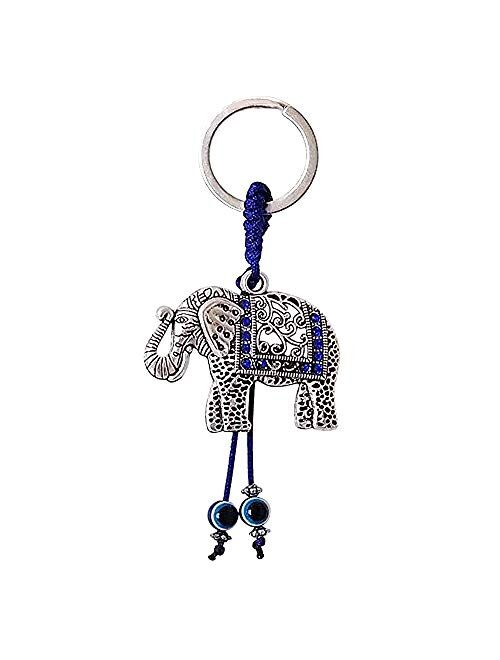 Bravo Team Blue Elephant Evil Eye Keychain for Good Luck and Protection I Comes with Traditional Blue and White Colors with Matching Tassels and Durable Cord for Hanging 