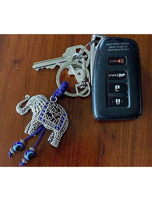 Bravo Team Blue Elephant Evil Eye Keychain for Good Luck and Protection I Comes with Traditional Blue and White Colors with Matching Tassels and Durable Cord for Hanging 