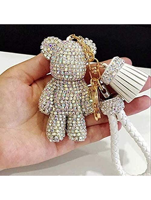 TISHAA Bling Cute Car Teddy Bear Keychain Keyring Key Fob Accessory Pendant (White)