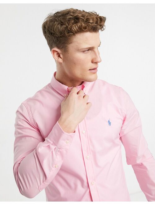 Polo Ralph Lauren poplin player logo shirt button down slim fit in carmel pink