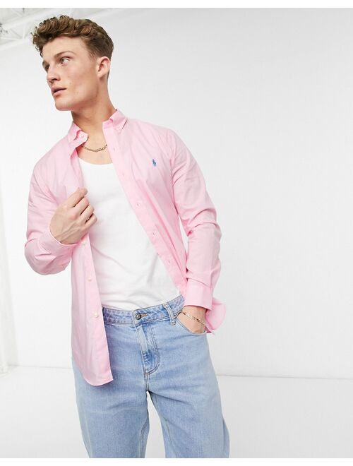 Polo Ralph Lauren poplin player logo shirt button down slim fit in carmel pink