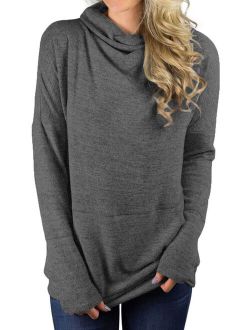 Starvnc Women Long Sleeve Cowl Neck Front Pockets Solid Color Casual Top