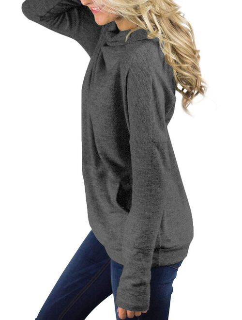Starvnc Women Long Sleeve Cowl Neck Front Pockets Solid Color Casual Top