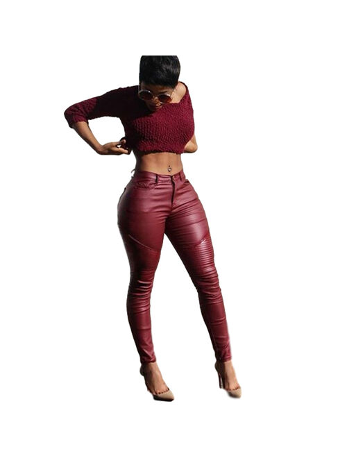 wsevypo Womens Black Red Faux Leather Sexy Pants High Waisted Skinny Coated Leggings
