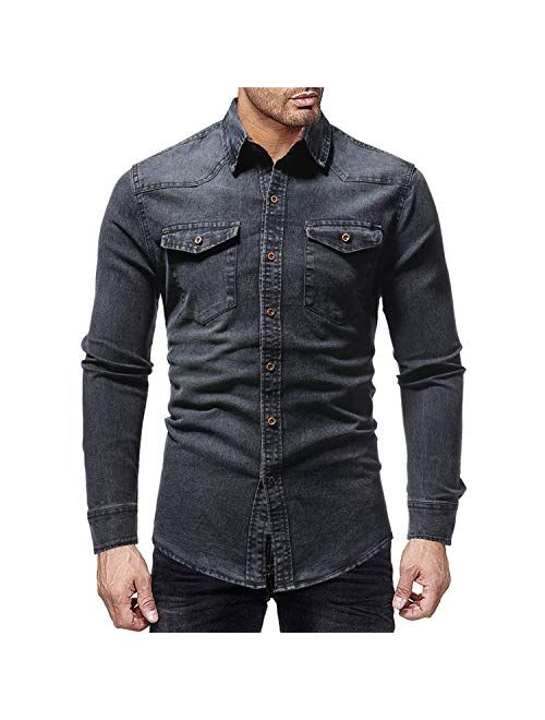 Black Denim Shirt Men Casual Fit Slim Long Sleeve Shirts 2019 Autumn Cotton Jeans Dress Shirt