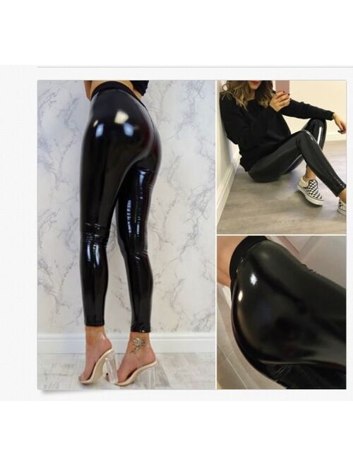 Meihuida Women´s Shiny Leather Long Sexy Pants High Waist Skinny Disco Vinyl Pencil Legging Trousers