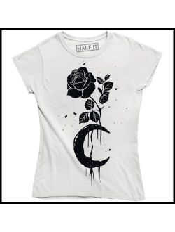 Beautiful Moon Rose Drawing Tattoo Art Graphic Design Women' T-Shirt